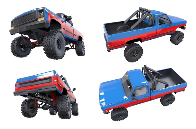 Large pickup truck off-road. Full - training. Highly raised suspension. Huge wheels with spikes for rocks and mud. 3d illustration.