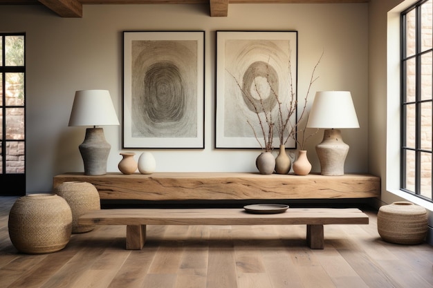 large piece of art in the entry hall amidst wooden tables professional advertising photography