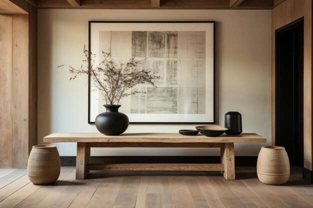 large piece of art in the entry hall amidst wooden tables professional advertising photography