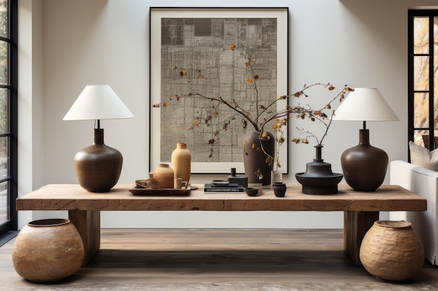 large piece of art in the entry hall amidst wooden tables professional advertising photography