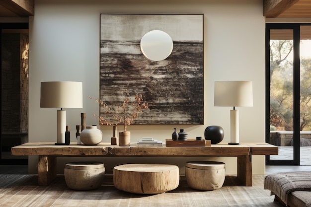 large piece of art in the entry hall amidst wooden tables professional advertising photography