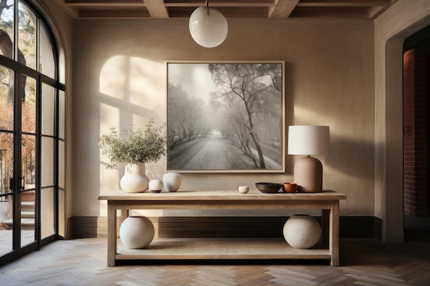 large piece of art in the entry hall amidst wooden tables professional advertising photography