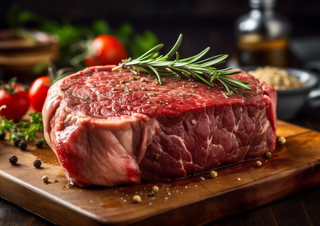 A large piece of beef is on a cutting board.