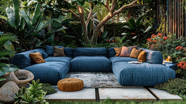 a large piece of blue couch set in a garden