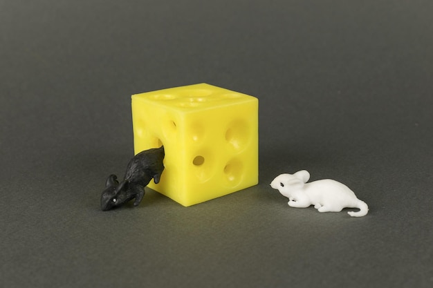 A large piece of cheese and two mice on a gray background Creative image