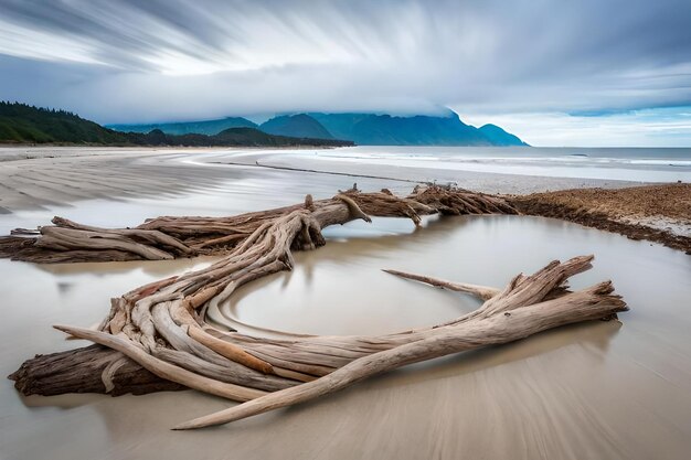 A large piece of driftwood lies on a beach