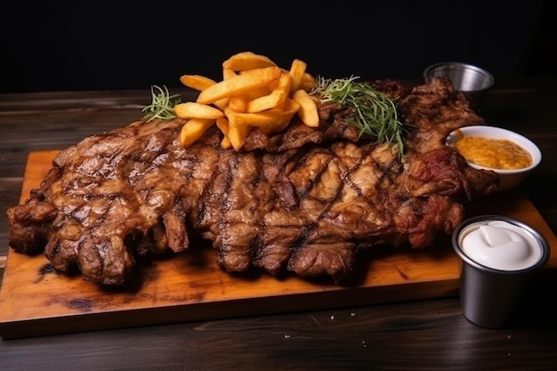 A large piece of fatty fried meat for steak with potatoes