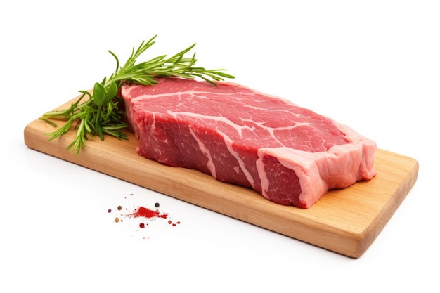 Большой кусок свежего сочного красного мяса с полосками жира украшен травами и специями на чистом белом фоне