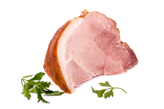 A large piece of fresh pork ham on white background