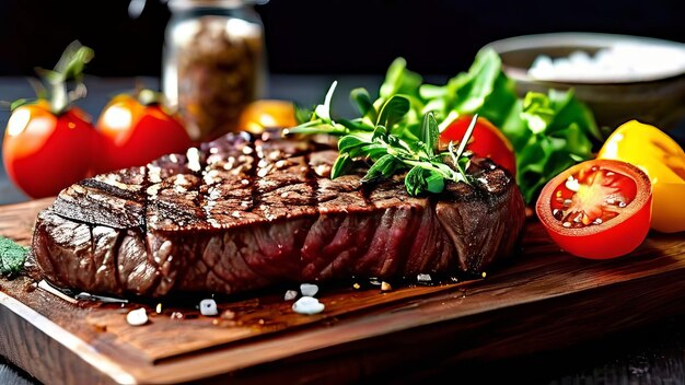 Foto un grande pezzo di buona carne di bistecca fresca giace su una tavola di legno con pomodori e insalata verde prodotto