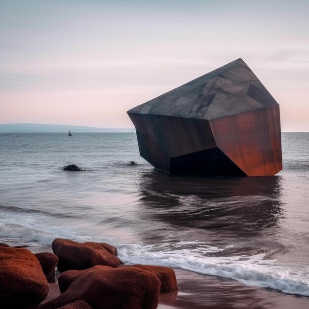 a large piece of metal sits in the water near the shore.