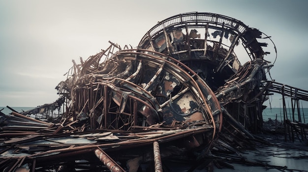 A large piece of steel that has been torn up and the word rollercoaster on it.