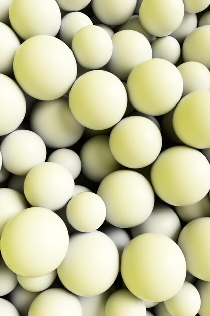 Photo a large pile of abstract white spheres near a yellow wall background 3d rendering illustration