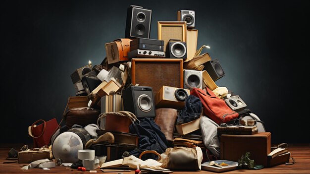 A large pile of assorted items and a speaker