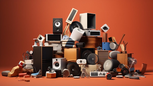 Photo a large pile of assorted items and a speaker