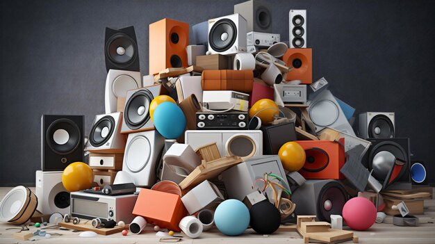 Photo a large pile of assorted items and a speaker