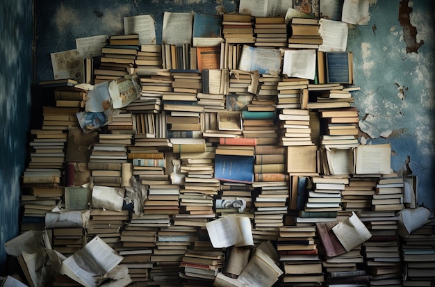 Foto una grande pila di libri è ammucchiata in una stanza con una copertina blu.