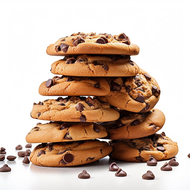 a large pile of chocolate chip cookies isolated on white