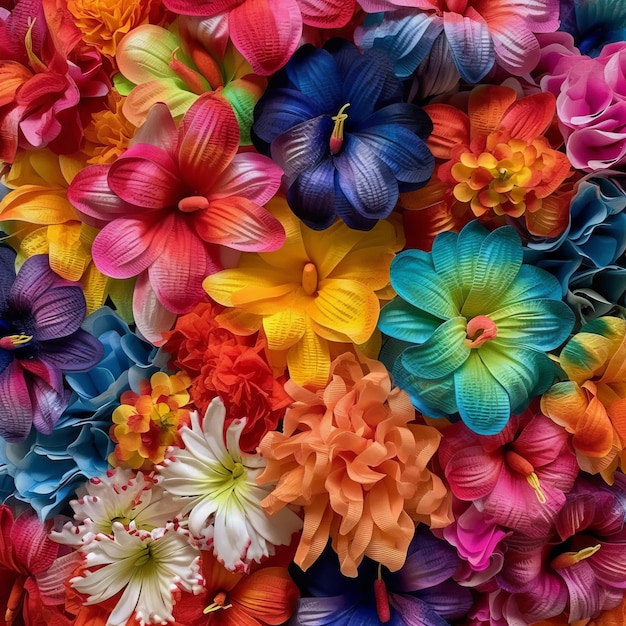 A large pile of colorful flowers is shown with a yellow flower in the center.