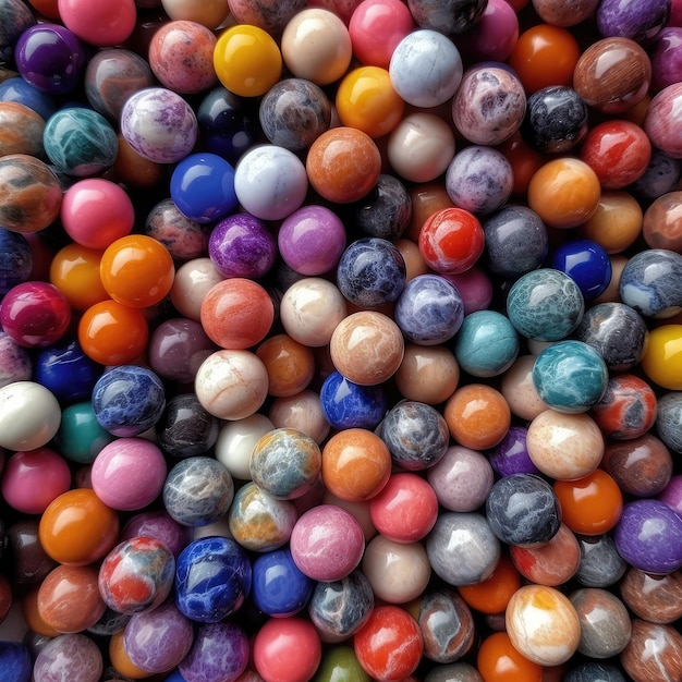 A large pile of colorful marbles are piled up