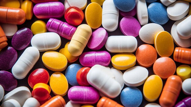 A large pile of colorful pills is shown