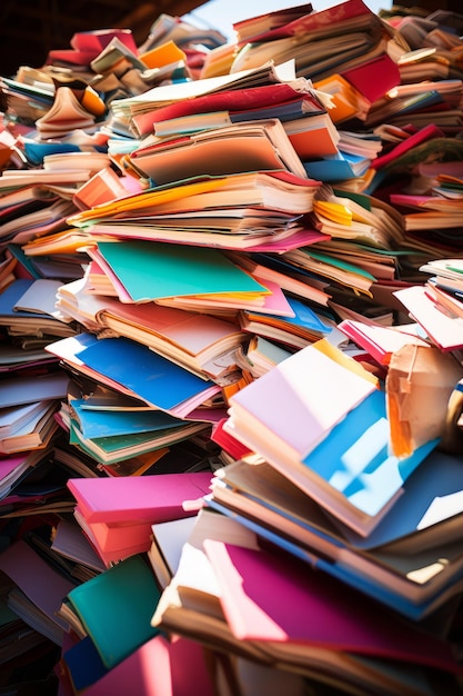 A large pile of discarded books and files