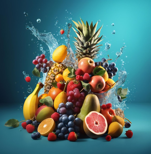 A large pile of fruit with water splashing around it.