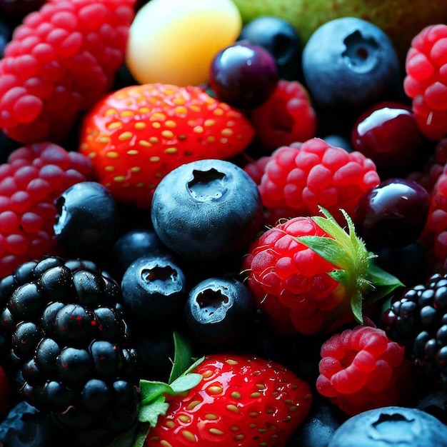 Большая куча фруктов, включая малину, ежевику и чернику.