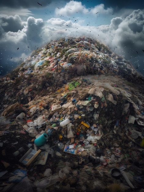 A large pile of garbage is piled up on top of a mountain.