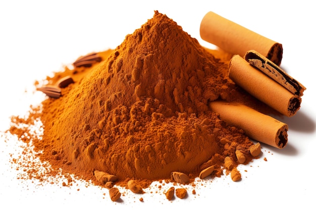 Large pile of ground cinnamon on white background