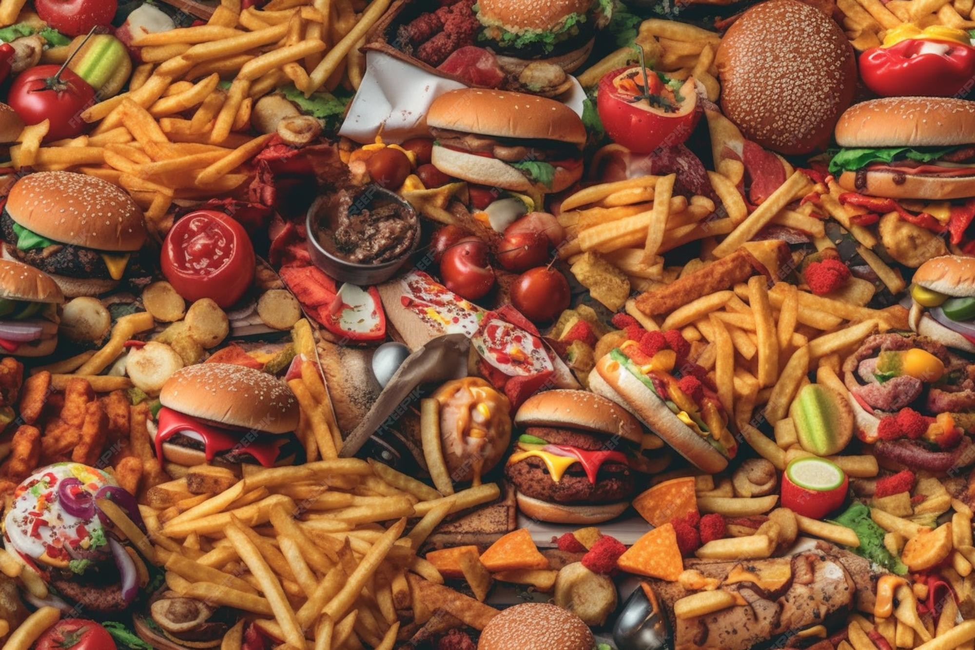 Premium Photo A large pile of junk food including hamburgers, fries, and a burger.