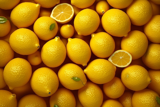 A large pile of lemons with one half cut off.
