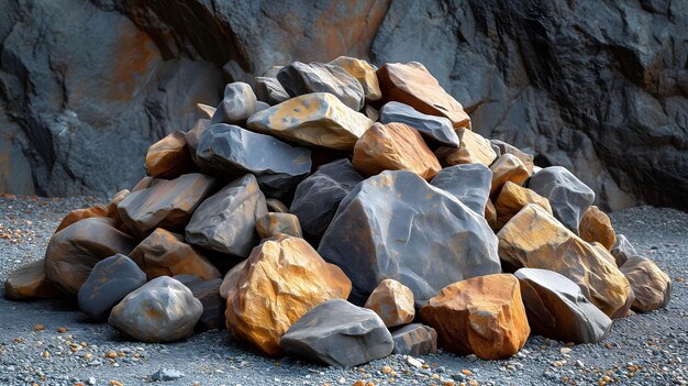 Large pile of multitoned rocks against a rugged cliff