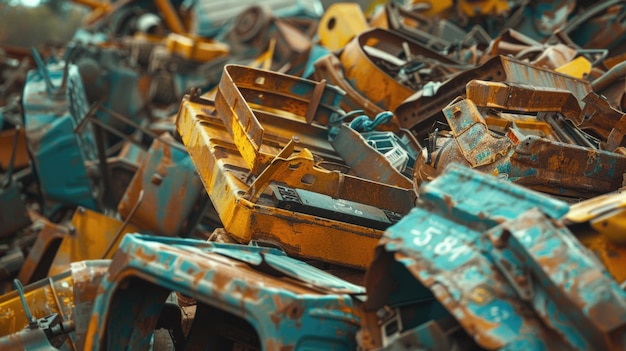 Photo a large pile of old rusty yellow and blue dump trucks great for construction or industrial themed projects