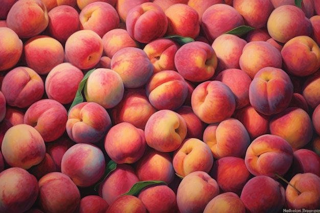 A large pile of peaches are stacked on top of each other.
