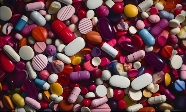 A large pile of pills is shown with one of them labeled'antibiotics '