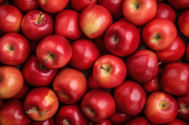 A large pile of red apples with the word apple on the bottom