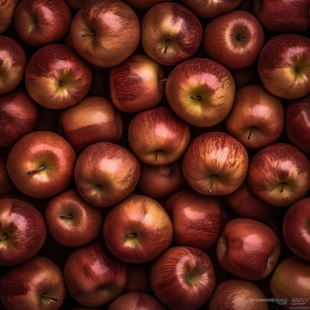 하단에 사과라는 단어가 있는 빨간 사과의 큰 더미.