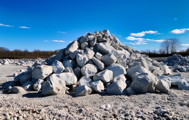 A large pile of rocks standing under a clear blue sky