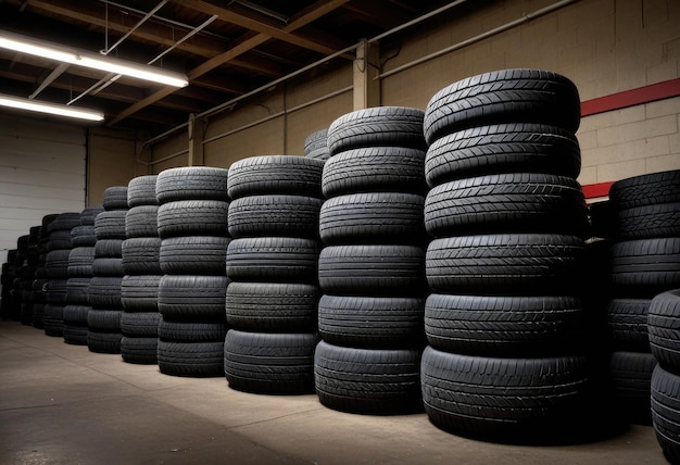 a large pile of tires are stacked in a warehouse