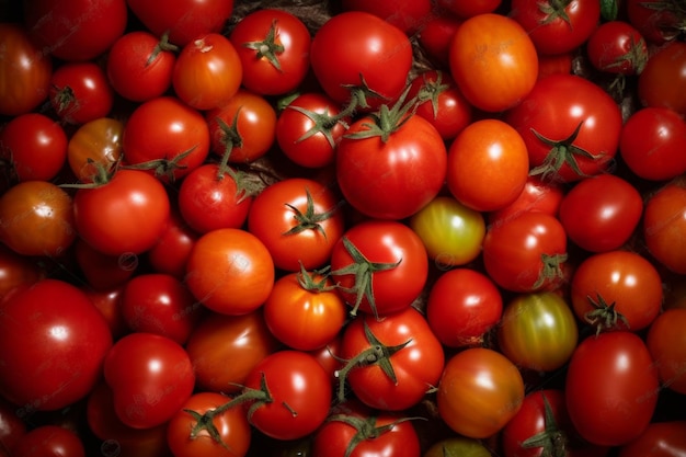 A large pile of tomatoes with green stems and leaves.