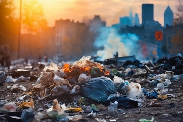 A large pile of trash dominating the foreground with a cityscape in the background symbolizing environmental pollution and the impact on ecology