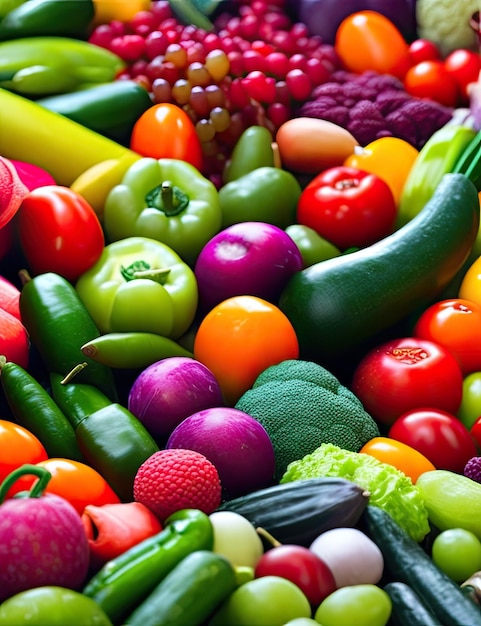Большая куча овощей, включая разнообразные фрукты и овощи.