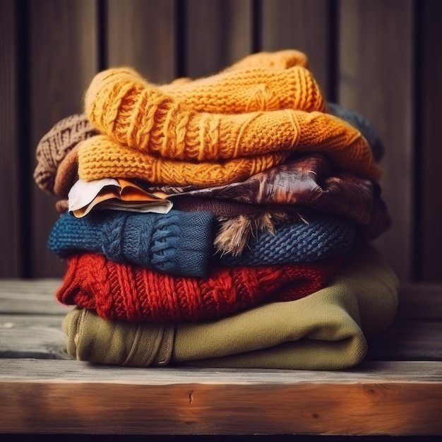 A large pile of warm clothes in autumn shades on the table Autumn fashion concept Stylish women's