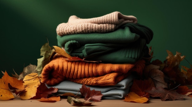 A large pile of warm clothes in autumn shades on the table Autumn fashion concept Stylish women's
