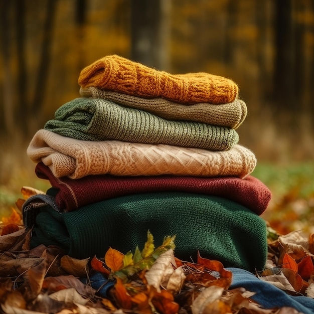 A large pile of warm clothes in autumn shades on the table Autumn fashion concept