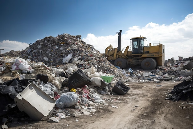 Large piles of industrial trash on dump site overflowing garbage
