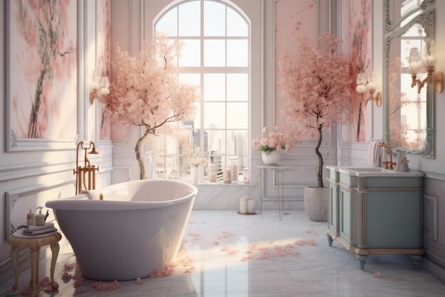 A large pink bathroom with a big tub and mirror Ai generated