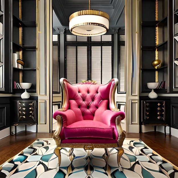 A large pink chair sits in a room with a gold chandelier and a gold chandelier.