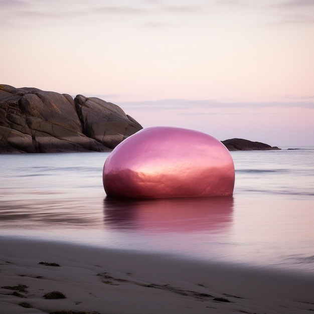 Large pink egg sculpture sits on beach at low tide with large rock outcropping and pink sky